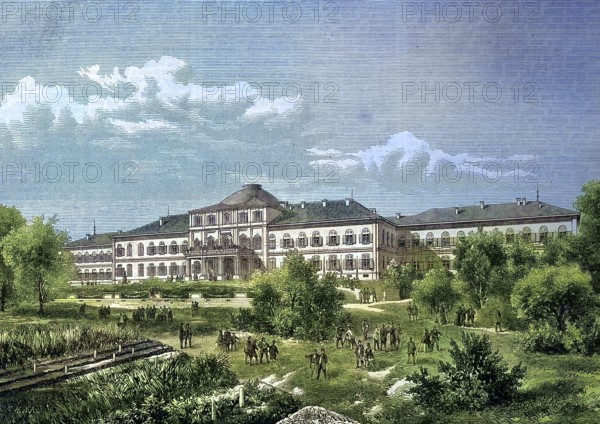 Palais Schloss Hohenheim os a manor estate in Stuttgart, Baden Württemberg, Germany/Palais Schloss Hohenheim os a manor estate in Stuttgart, Germany, historical, digitally restored reproduction of an original model from the 19th century, exact original date unknown, subsequently colored