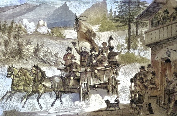 The shooters from the Puster Valley, South Tyrol, on the way with a coach to the third German Federal Shooting Festival, shooting festival 1868, Vienna, Austria/the shooters from the Puster Valley, South Tyrol, on the way with a coach to The third German Federal Shooting Festival, shooting festival in 1868, Vienna, Austria, historical, digitally restored reproduction of an original original from the 19th century, exact original date not known, subsequent collab orizes