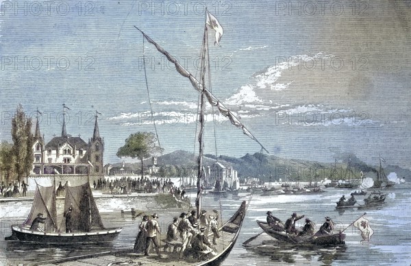 The Festival of the Skippers at Geneva in Switzerland/The Festival of the Skippers at Geneva in Switzerland, historical, digitally restored reproduction of an original model from the 19th century, exact original date unknown, colored later