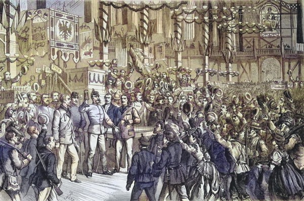 The third German federal shooting festival, shooting festival 1868, the emperor's visit to the festival hall in Vienna, Austria/ The third German Federal Shooting Festival, shooting festival in 1868, the visit of the emperor in the festival hall at Vienna, Austria, historical, digitally restored reproduction of an original model from the 19th century, exact original date unknown, subsequently colored