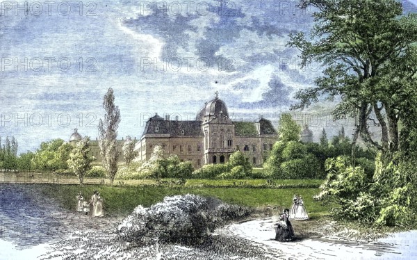 The Royal Palace of Gödöllö, Gödöllö Palace, an imperial and royal Hungarian palace in Pest County, Central Hungary/The Royal Palace of Gödöllö, an imperial and royal Hungarian palace located in Pest County, central Hungary, historical, digitally restored reproduction of an original model from the 19th century, exact original date not known, subsequently colored