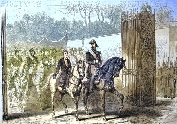 Emperor Napoleon and his son at the Revue in Paris on August 14, 1868, France/Emperor Napoleon and his son at the Revue in Paris on August 14, 1868, France, historical, digitally restored reproduction of an original model from the 19th century, exact original date not known, colored later