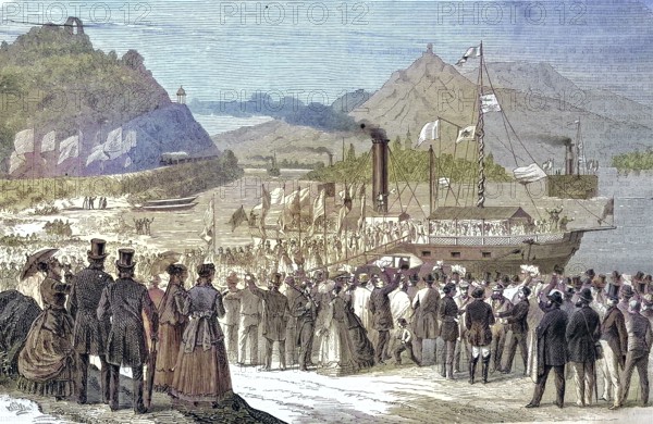 50th anniversary of the University of Bonn, Rhine trip by steamship to Rolandseck, Germany/50th anniversary of the University of Bonn, the Rhine journey by steamer to Rolandseck, Germany, historical, digitally restored reproduction of an original original from the 19th century, exact original date unknown, colored later