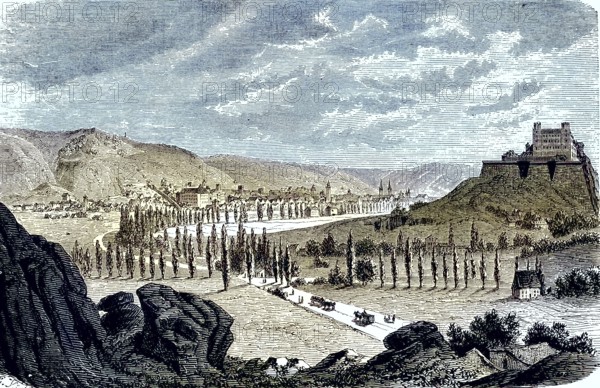 View of Eichstätt, formerly also Eichstädt or Aichstäd, a city in the federal state of Bavaria, Germany/view of Eichstätt, formerly also Eichstädt or Aichstäd, a town in the federal state of Bavaria, Germany, historical, digitally restored reproduction of an original model from the 19th century, exact original date unknown, subsequently colored