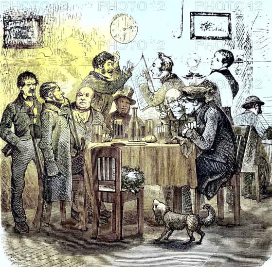 Politicians discussing in a living room, historical, digitally restored reproduction of an original model from the 19th century, exact original date not known, colored retrospectively