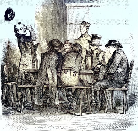 Männer in einer Bauernstube/Men in a Farm Room, historical, digitally restored reproduction of an original model from the 19th century, exact original date not known, colored later