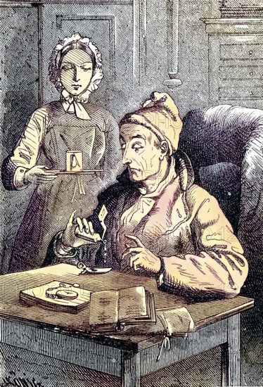 Medicine, taking medication, loyal and dutiful/Medicine, taking medication, faithfully and conscientiously, historical, digitally restored reproduction of an original original from the 19th century, exact original date not known, subsequently colored