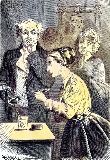 Medicine, taking medication, taking pills under family supervision/Medicine, taking medication, taking pills under the supervision of the family, historical, digitally restored reproduction of an original original from the 19th century, exact original date not known, subsequently colored
