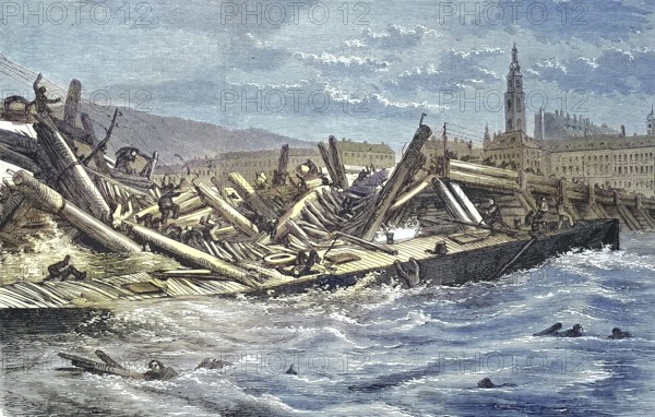 The collapse of the bridge of Linz, Austria, 1868/The collapse of the bridge of Linz, Austria, 1868, historical, digitally restored reproduction of an original model from the 19th century, exact original date not known, subsequently colored