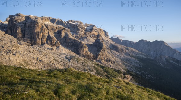 Mountain peaks of the Brenta Mountains at sunset, Alpenglühen, mountain landscape on the Grosté Plateau, Brenta-Adamello Natural Park, Trentino, Italy