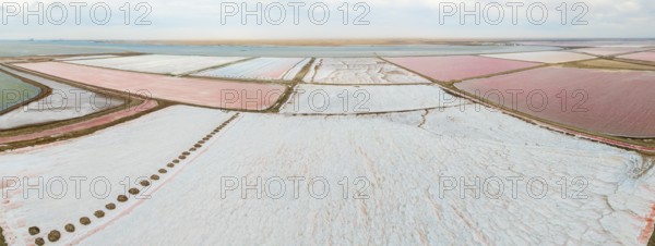 Aerial view of colorful dry pools with salt, saline near Walvis Bay, Namibia
