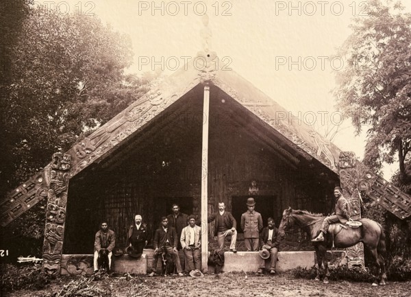 The Maori meeting house Te Mana o Tueranga, historical photo from 1903, 1913, photo Augustus Hamilton