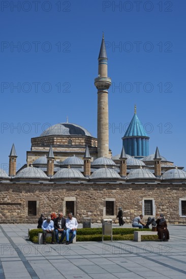 Historic mosque with impressive minaret and domes under a clear blue sky, Mevlana Museum, Mevlana, landmark, mausoleum of Mevlânâ Jalal ad-Din Rumi, Konya, Central Anatolia, Turkey