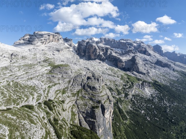 Impressive mountain peaks of the Brenta Mountains, 360 degree alpine panorama, aerial view, Brenta, Brenta-Adamello Natural Park, Trentino, Italy