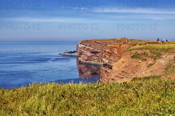 Grassy cliffs with calm seas under clear skies, The high-seas island of Heligoland in the North Sea