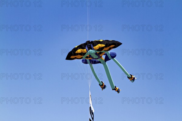 A colorful kite flies high in the blue sky under clear weather conditions, a kite in the air