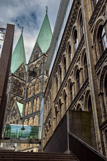 Modern and Gothic architecture with cathedral towers and glass design, Bremen Cathedral