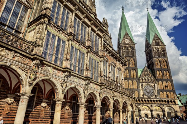 Magnificent Gothic buildings with cathedral towers and decorated facades, The Cathedral of Bremen
