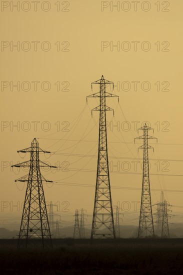 Electricity pylons and power lines silhouette at sunset, England, United Kingdom