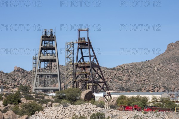 Superior, Arizona - Headframes on the site of Resolution Copper's proposed underground copper mine. Members of the San Carlos Apache tribe oppose the mine, saying it would destroy Oak Flat, land that has been sacred to them for thousands of years