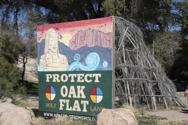 Superior, Arizona - Members of the San Carlos Apache tribe oppose Resolution Copper's planned underground copper mine. Tribe members have camped out near the mine. They say the mine would destroy Oak Flat, land that has been sacred to them for thousands of years