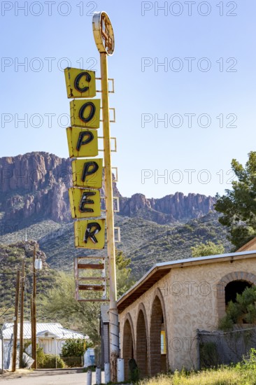 Superior, Arizona - A 'copper' sign in front of an old store. Resolution Copper wants to open an underground copper mine nearby, at Oak Flat. Members of the San Carlos Apache tribe oppose the mine, saying it would destroy land that has been sacred to them for thousands of years