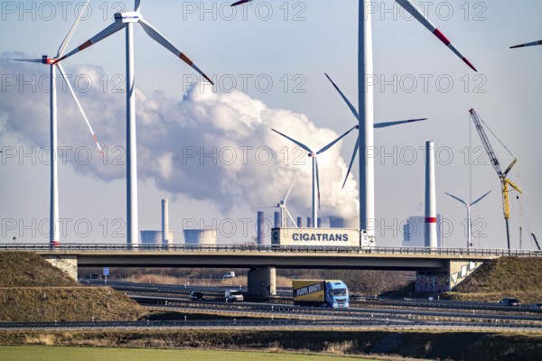 RWE Power brown coal power plant Neurath, RWE wind farm, Jackerath motorway junction, A44 and A61, near Bedburg, North Rhine-Westphalia, Germany