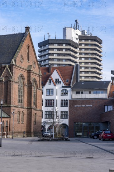 The city center of Herne, Europaplatz, evangelische Kreuzkirche, high-rise residential building, North Rhine-Westphalia, Germany