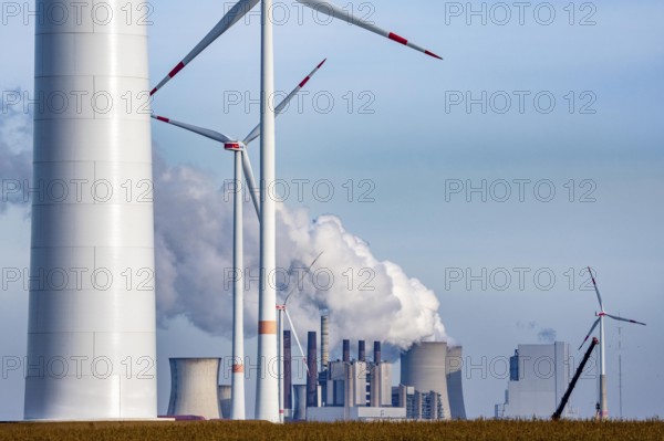 The RWE brown coal power plant in Neurath, wind farm, Rhenish lignite mining district of North Rhine-Westphalia, Germany