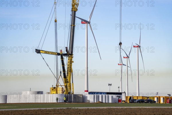 Construction site of the new Bedburg 3 wind farm, on recultivated open-cast mining site, 9 wind power plants with an output of 60 megawatts are being built, finished foundation on which the wind turbine tower is then built, operated by RWE and the city of Bedburg, North Rhine-Westphalia, Germany