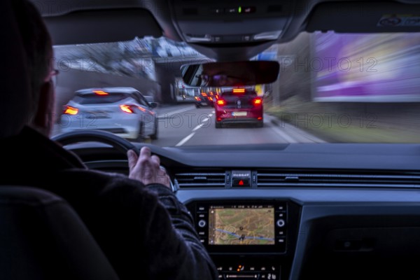 Driving in the city center, in heavy traffic, driver's perspective, Essen, North Rhine-Westphalia, Germany