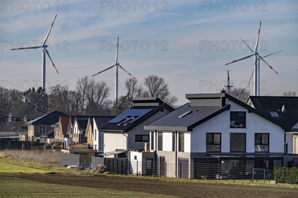 Houses in the town of Jackerath, belong to Titz im Kreis Düren, wind farm, North Rhine-Westphalia, Germany