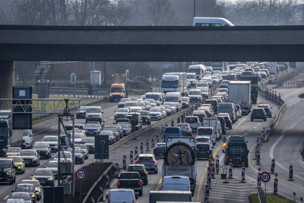 Traffic jam on the A43 motorway near Herne, left heading north, in front of the barrier system, the vehicles heavier than 3.5 t stops, traffic jam on the construction site towards Bochum, North Rhine-Westphalia, Germany