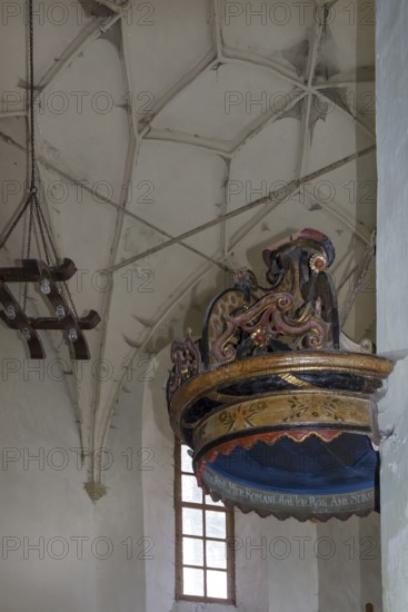 Baroque lid of the pulpit in the abandoned 16th century Protestant fortified church, Tobsdorf, Romanian Dupus, —Transylvania, Romania