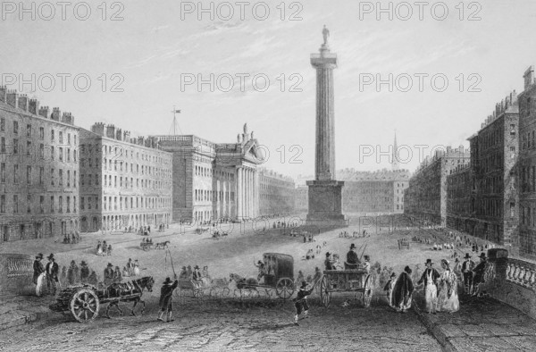 Post Office and Nelson Column, Sackville Street, Dublin, Ireland, cityscape, wide street, row of buildings, tall pillar, Admiral Horatio Nellson statue, many people, horse-drawn carriages, transportation, landmark, steel engraving, 19th century, historical illustration from 1845