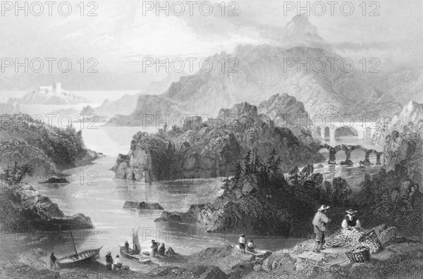 The Cromwell view of Glengariff, the rugged valley, County Cork, Ireland, sea bay, mountains, rocky landscape, islands, firs, sailboats, shore, people, work, bridges, clouds, landmark, steel engraving, 19th century, historical illustration from 1845