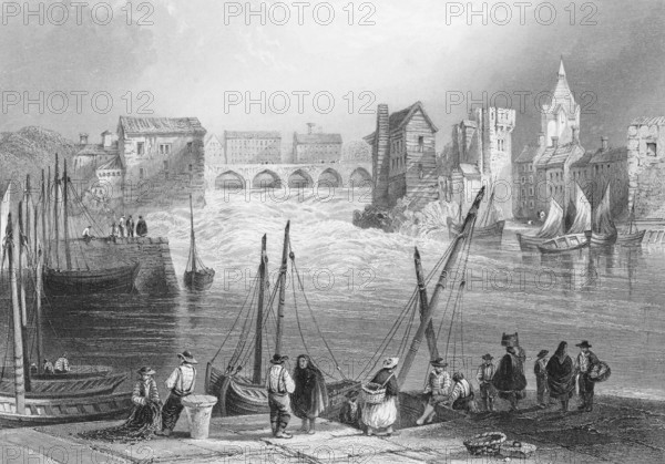 Claddagh Basin in Galway City, Corrib River, County Galway, Ireland, cityscape, harbour wall, pier, sailboats, transport, loading, trade, group, baskets, fishing net, conversation, stone bridge, arched bridge, church defence tower, fortified tower, Stronschnellen, quiet atmosphere, landmark, steel engraving, 19th century, historical illustration from 1845