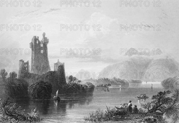 Ross Castle Ruins on Lake Lough Leane, Killarney, County Kerry, Ireland, Tranquil Atmosphere, Reed Shore, Towers, Sailboat, Rowing Boat, Group, Bushes, Trees, Contemplative Life, Mountains, Clouds, Landmark, Steel Engraving, 19th century, Historical Illustration from 1845