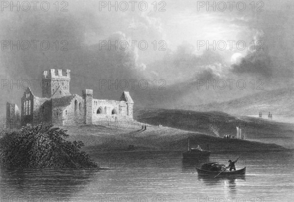Dunbrody Abbey, Dunbrody Abbey, Campile, County Wexford, Ireland, ruin, square tower, battlements, sunbeams, good condition, quiet atmosphere, waterfront monastery, wooden boats, rowers, sailboat, transportation, people, hilly landscape, landmark, steel engraving, 19th century, historical illustration from 1845