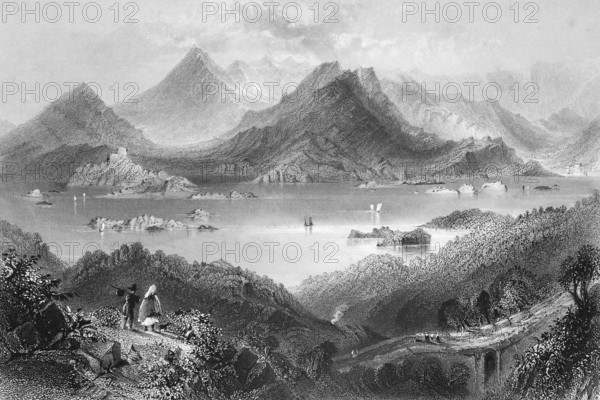 View of the village of Glengarriff, the rugged valley, County Cork, west coast, bay, Atlantic, rocky islands, trails, hikers, peace, idyll, trees, sailing ships, Ireland, wild mountain landscape, landmark, steel engraving, 19th century, historical illustration from 1845