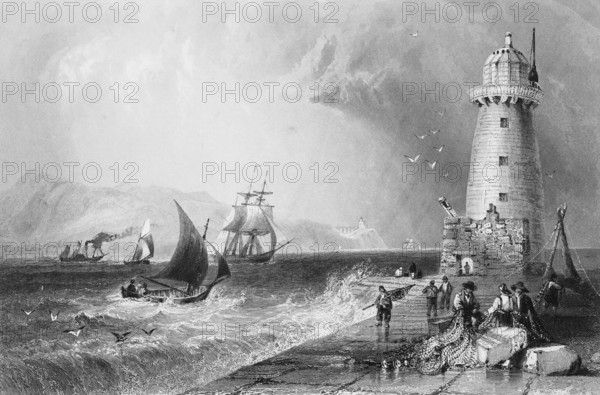 The Great South Wall pier with lighthouse, Dublin, Ireland, storm, high swell, sailships, steamers, transport, two-master, pier, fishermen, working, nets, boxes, round lighthouse with crane, seagulls, rain, dramatic sky, landmark, steel engraving, 19th century, historical illustration from 1845
