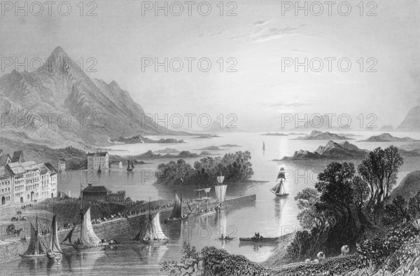 Clew Bay with Westport Harbour, Clew Bay, County Mayo, West Coast, Ireland, quiet atmosphere, bay, mountains, rocky islands, sailing ships, transportation, harbor, pier, large houses, fascinating landscape, groups of trees, landmark, steel engraving, 19th century, historical illustration from 1845