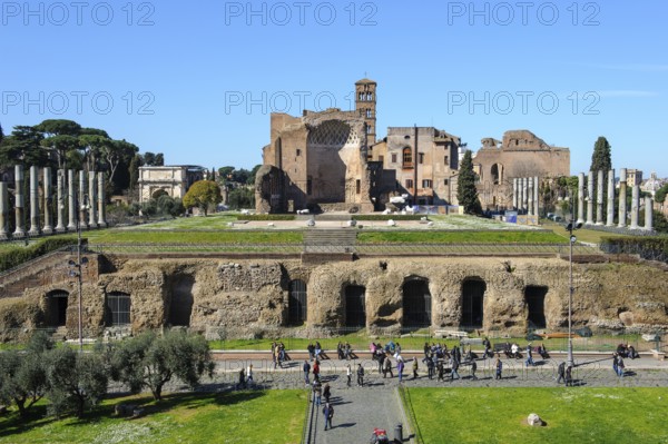 View of partially exposed ancient substructure basement vault of the double temple Temple of Venus and the Roma Venus temple, in the background in the middle the cella sanctuary for city goddess Roma, Rome, Lazio, Italy