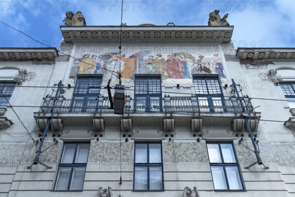 Art Nouveau house façade with coloured frescoes, residential building around 1900, Czernowicz, Ukraine