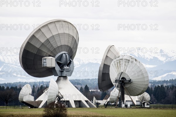 Radarstation, antennas der earth station Raisting, Upper Bavaria, Bavaria, Germany