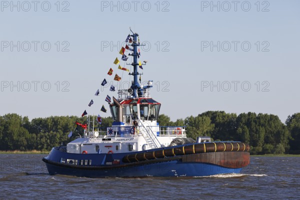 Decorated ship type Fairplay-91 tugboat leaves the port of Hamburg on the Elbe after Hamburg's port birthday, Wedel, Schleswig-Holstein, Germany