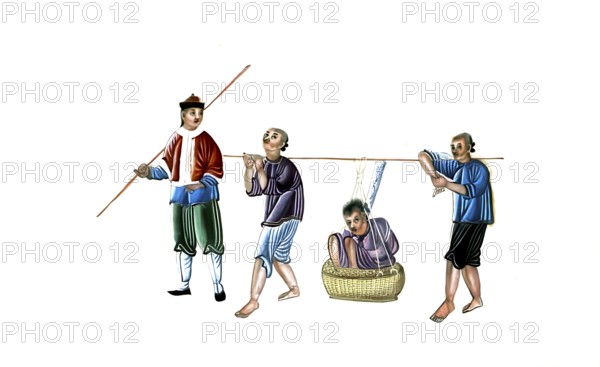 Jurisprudence, torture and punishment in medieval China, two guards carry a criminal who is tied in a basket, authentic, digitally restored reproduction from an 18th century model, exact date of depiction unknown, historical
