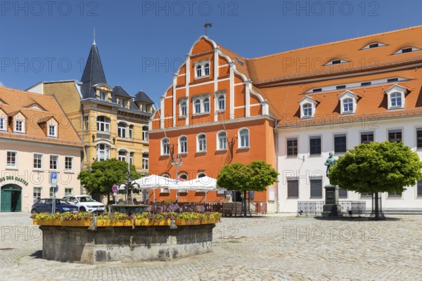 Medieval market square with town hall with Renaissance gable, monument to sculptor Ernst Rietschel and sandstone market fountain, Pulsnitz, Saxony, Germany