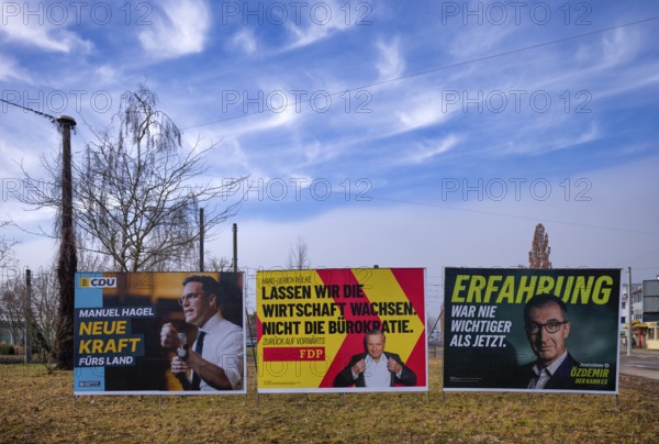 Top candidates Manuel Hagel, Hans-Ulrich Rülke, Cem Özdemir, the parties CDU, FDP, Alliance 90 The Greens, election poster, election posters, 2025 state election, Fellbach, Baden-Württemberg, Germany