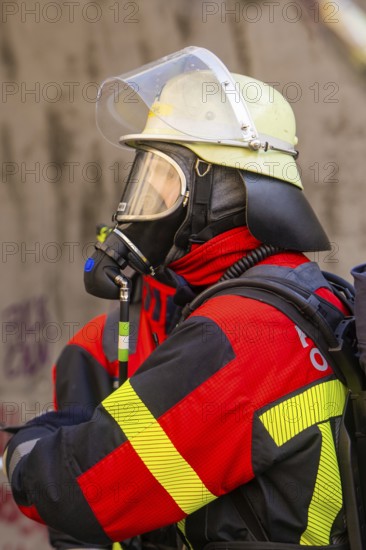Firefighter wearing a respirator and protective clothing in a tunnel during an operation, fire brigade exercise on the Hermann Hesse Railway, Ostelsheim, Calw district, Germany